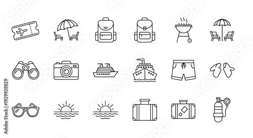 Collection of icons representing various beach and travel items, vacation accessories, and summer activities, line art illustrations, simple graphics, and symbols.