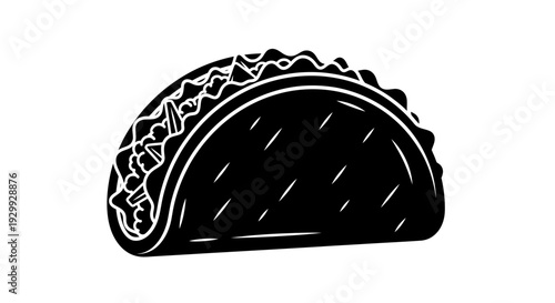 Illustration of a taco with folded tortilla and filling viewed from the side on a plain background
