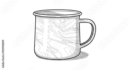 A detailed illustration of a marble patterned mug with a handle viewed from the front on a plain surface
