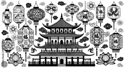 Ancient temple surrounded by lanterns and lotus flowers illustration from a front viewpoint
