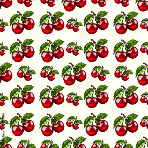 Seamless cherry template. Botanical pattern. Digital illustration.