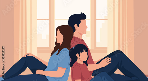 Emotional Distance: Parents and child sitting back-to-back, symbolizing family conflict, marriage issues, and communication breakdown.