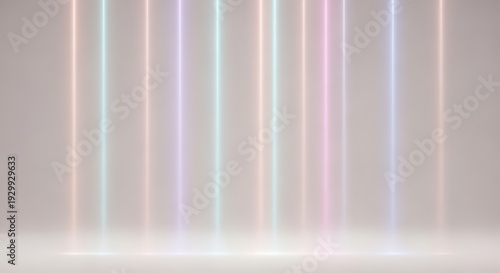 Abstract studio background with vertical pastel neon light beams and soft glowing floor reflection