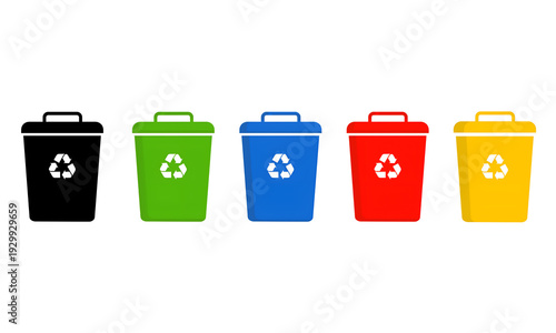 Colorful Recycling Trash Bins Set with Recycle Symbol, Waste Sorting and Environmental Management Concept