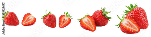 Set and collection of fresh ripe strawberries and juicy strawberry halves isolated on white transparent png background.