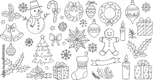 Christmas elements collection with snowman and decorations