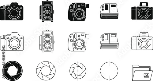 Collection of camera icons and photography symbols in modern style