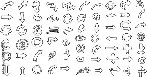 Collection of various hand drawn arrows and direction symbols