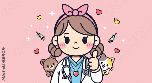 Cute Kawaii Female Doctor or Veterinarian giving Thumbs Up with Cat and Teddy Bear. Pediatric Healthcare Profession Character Vector Illustration on Pink.