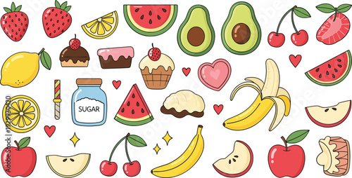 Colorful cartoon fruits and desserts arrangement