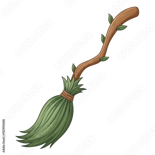 Magical Witch Broomstick with Leaves and Twigs, Fantasy Object