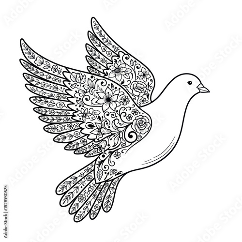 Ornate Dove Bird Flying with Floral Patterns, Winged Peace Symbol