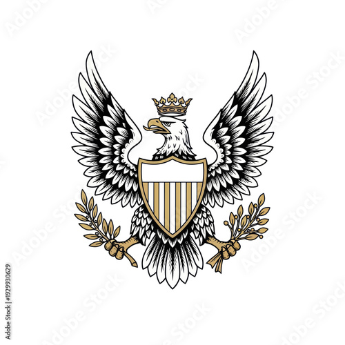 Majestic Eagle with Crown and Shield Emblem, Heraldic Symbol, Laurels