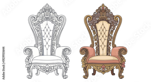 Ornate Throne Chair Sketch and Colored Version