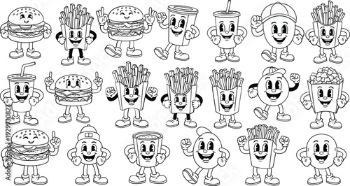 Fun fast food cartoon characters set in black and white