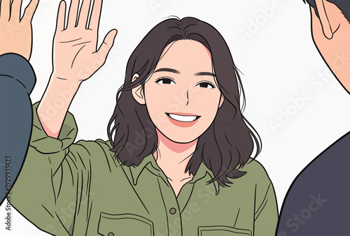 A woman smiles and waves her hand while greeting two people. They appear to be in a friendly conversation.