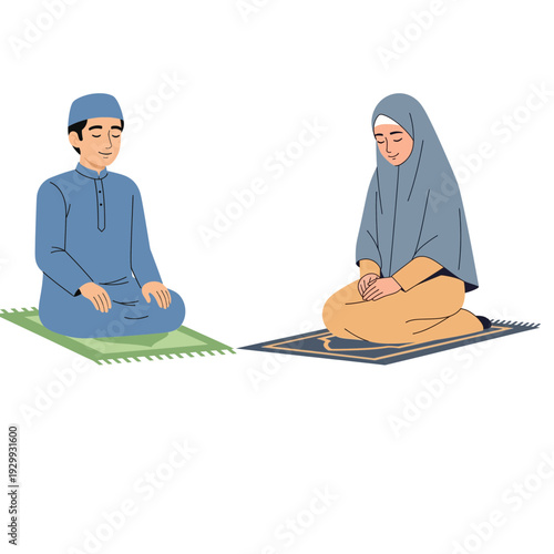 Man and woman sitting on prayer mats in a serene environment from a frontal viewpoint