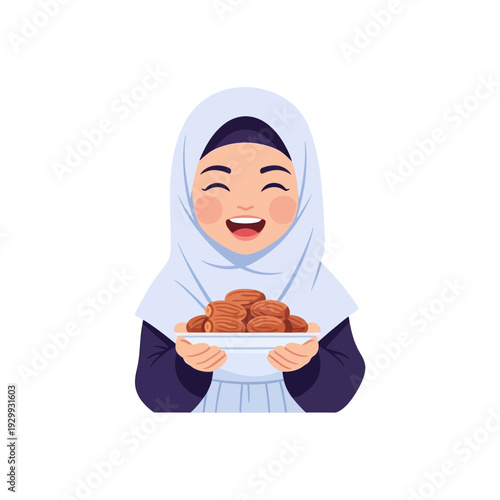 Woman in hijab holding a plate of dates with a joyful expression