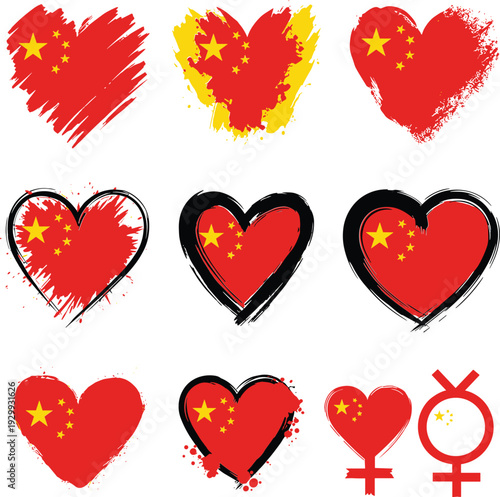 Vibrant Chinese flag heart symbols for love and patriotism