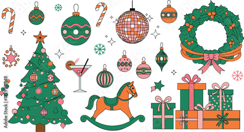 Vibrant Christmas decorations and gifts in pink, green, and orange hues