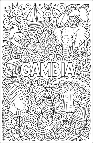 Gambia hand drawn vector illustration doodle art line art coloring page for kids