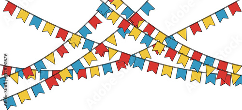 Vibrant colorful pennant banners on strings for festive decoration