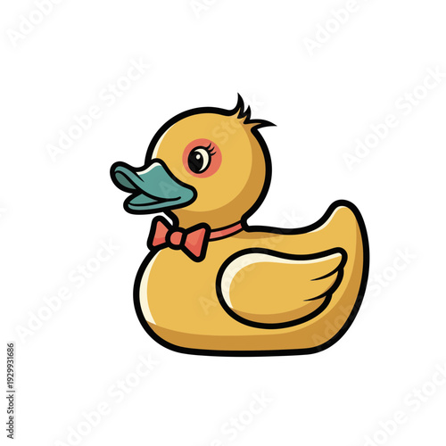 Cute cartoon yellow duck with pink bow tie and collar, isolated on white background
