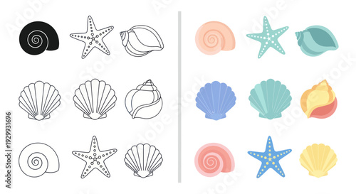 Seashells and Starfish Collection: Line Art and Pastel Colors