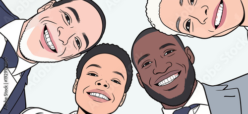 Four friends take a group selfie, smiling and posing together with joy during a social event. They create a lively scene.