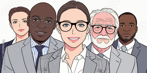 Five individuals in suits are gathered together in a professional space, showing smiles and looking confident.