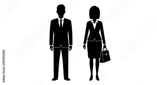 Professional business silhouettes of a man and woman in formal suits representing teamwork partnership and corporate
