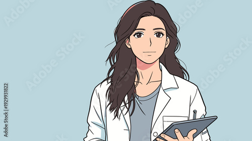 A scientist stands with a tablet in hand wearing a white coat. The background is light blue, indicating a lab environment.