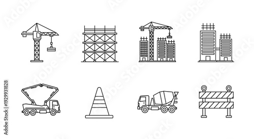 Collection of hand drawn construction icons tower crane scaffolding concrete mixer truck traffic barrier cement mixer