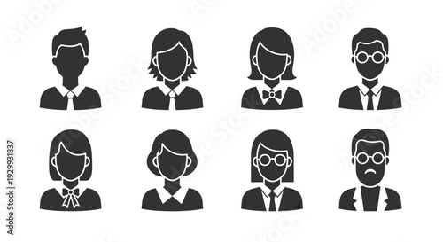 Diverse group of stylized silhouette avatars representing various people with different hairstyles and expressions