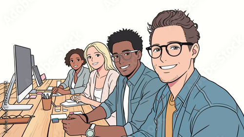 Four young adults are sitting at a table working with computers and writing notes in an office environment during the day.