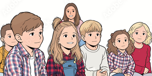 Seven children sit together, watching and listening intently during a gathering. They show various expressions and focus.