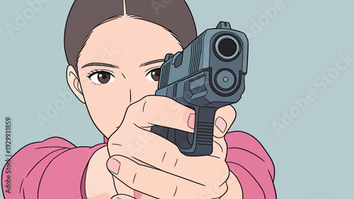 A woman aims a gun directly ahead. She has a serious expression and is focused on her target. Her stance shows determination.
