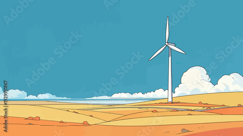 A wind turbine is placed in a large yellow field with blue sky and white clouds. The scene shows open space and distant hills.