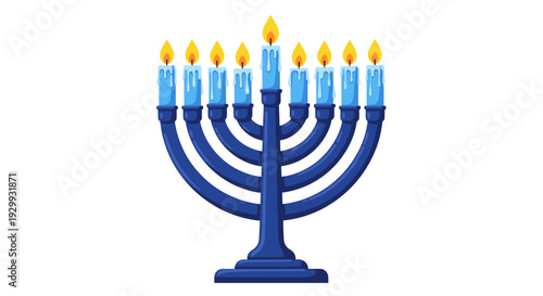 Illuminated hanukkah menorah with nine blue candles burning brightly on a white background symbolizing jewish festival