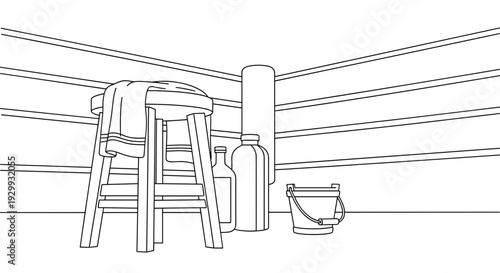 Corner of a boxing ring with a stool towel water bottles and bucket ready for a fighter's break during intense training