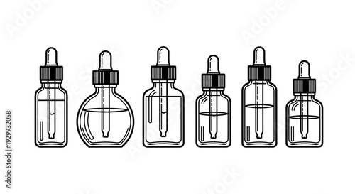 Collection of clean clear glass dropper bottles with black caps and droppers showcasing various shapes and sizes