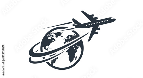 Silhouette airplane soaring around stylized globe with swooshing lines indicating flight path representing global