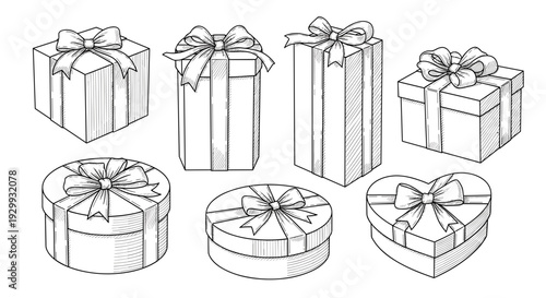 Assortment of beautifully wrapped gift boxes in various shapes and sizes hand drawn sketch style perfect