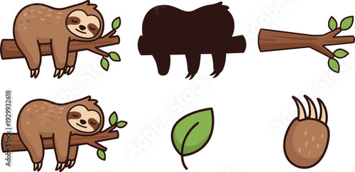 Sleeping Sloth on Tree Branch Vector Illustration Set with Cute Lazy Sloth Character Jungle Leaves and Wild Animal Silhouette Icons