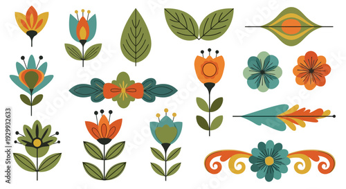 Vibrant and diverse collection of colorful flowers and leaves in various shapes and sizes