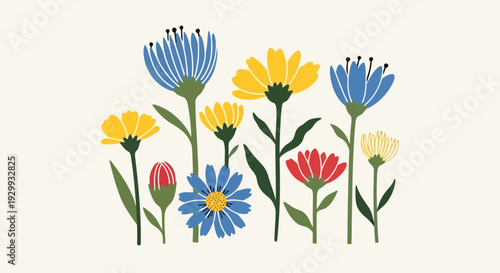 Vibrant flowers blooming in a colorful meadow under clear skies