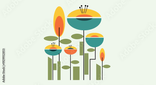 Vibrant illustration of abstract mushrooms with whimsical colors and patterns