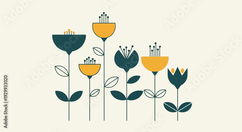 Vibrant illustration of flowers in a field with blue and yellow petals