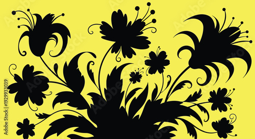 Vibrant yellow background adorned with intricate black floral patterns.
