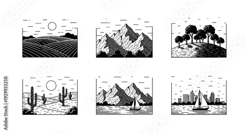 Diverse landscape illustrations cultivated fields majestic mountains serene forests arid desert sailing on water